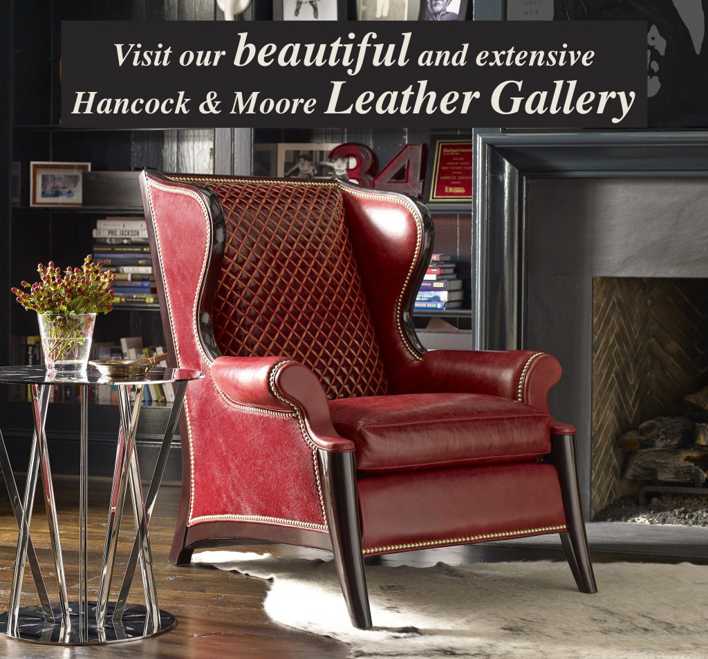 Photo of a leather chair in a living room with text that says "Visit our beautiful and extensive Hancock & Moore Leather Gallery"