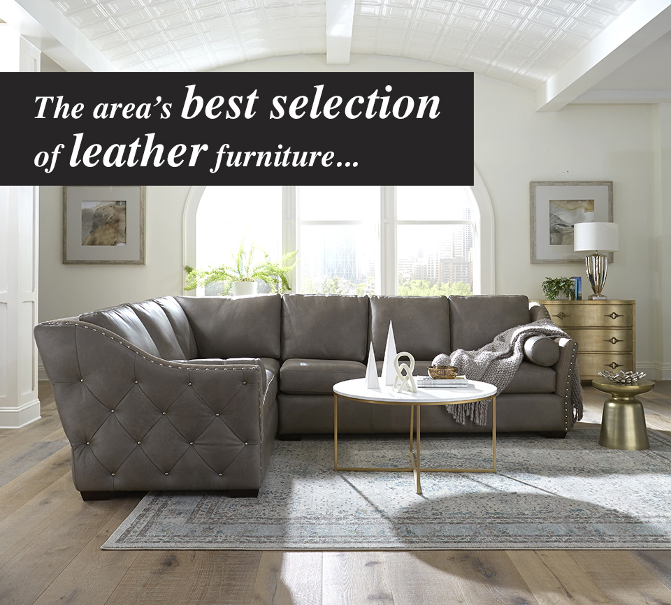Photo features a living room with an Omnia leather sofa sectional with text that reads "The area's best selection of leather furniture..."