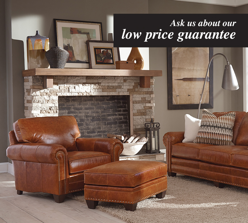 Photo features a living room with a Smith Brothers leather sofa, chair and ottoman with text that reads "Ask us about our low price guarantee"