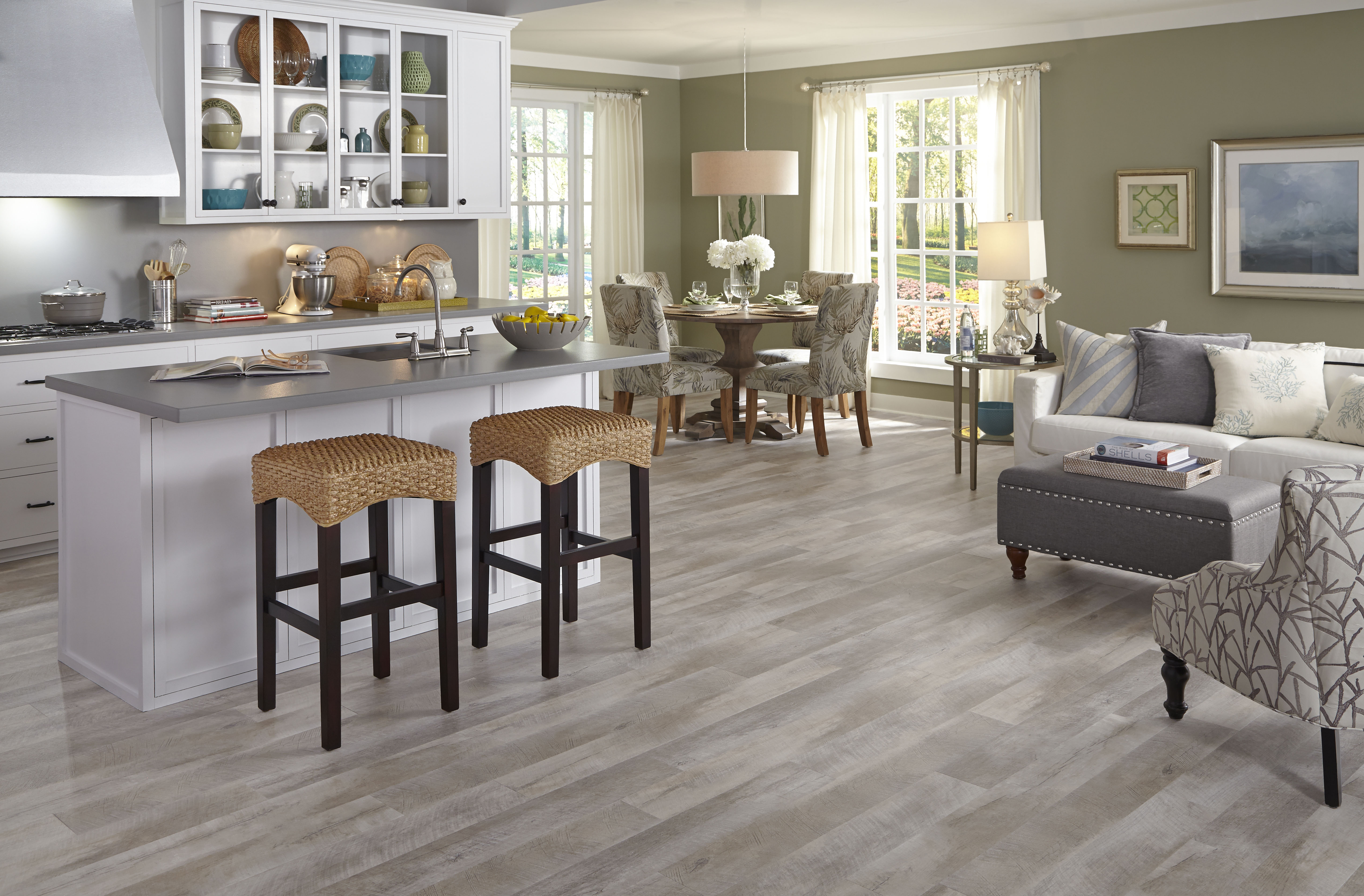 Seaport Surf vinyl tile in open kitchen, dining room and living room