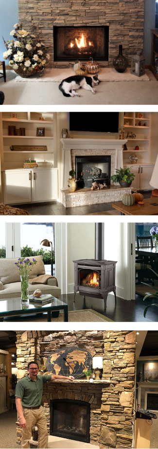 Illustrations of fireplace services, including wood and gas fireplaces and a gas stove