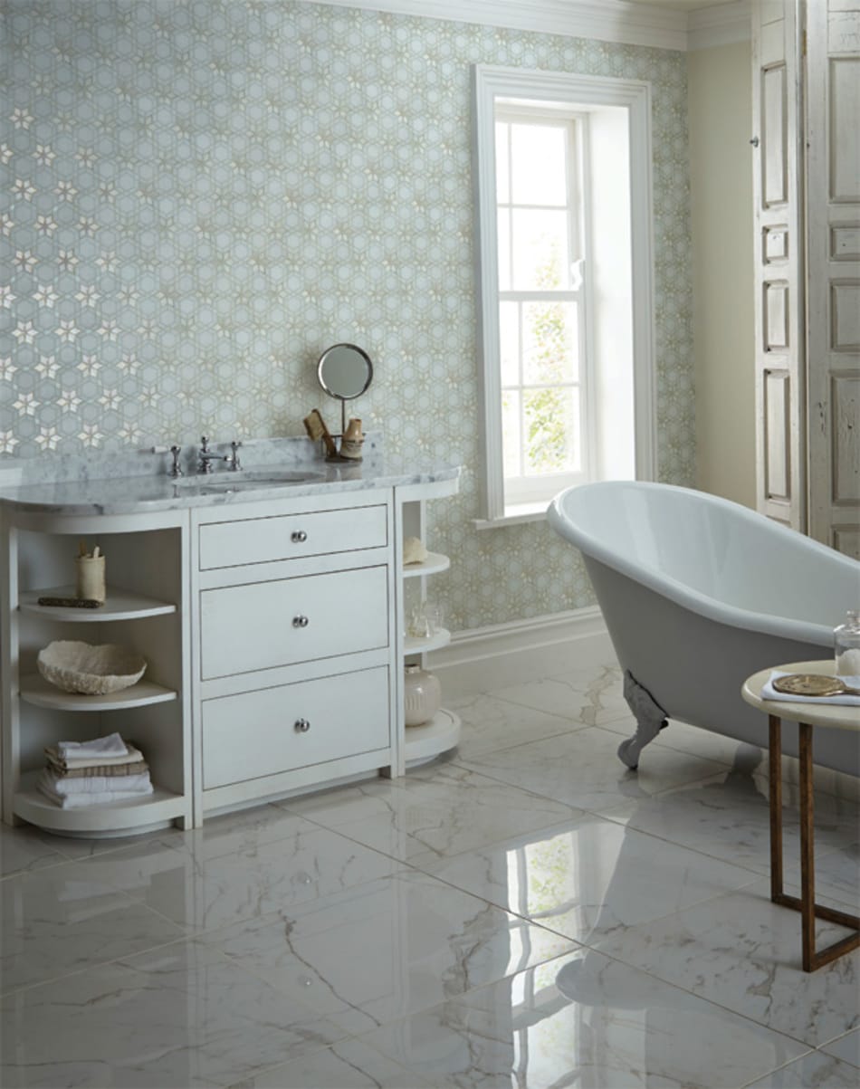White marble bathroom floor tile and ornate wall tile