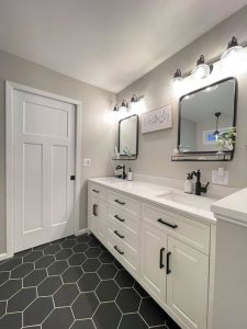 white vanity cabinets and quartz countertops