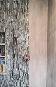 shower remodel with iridescent mosaic shower tile