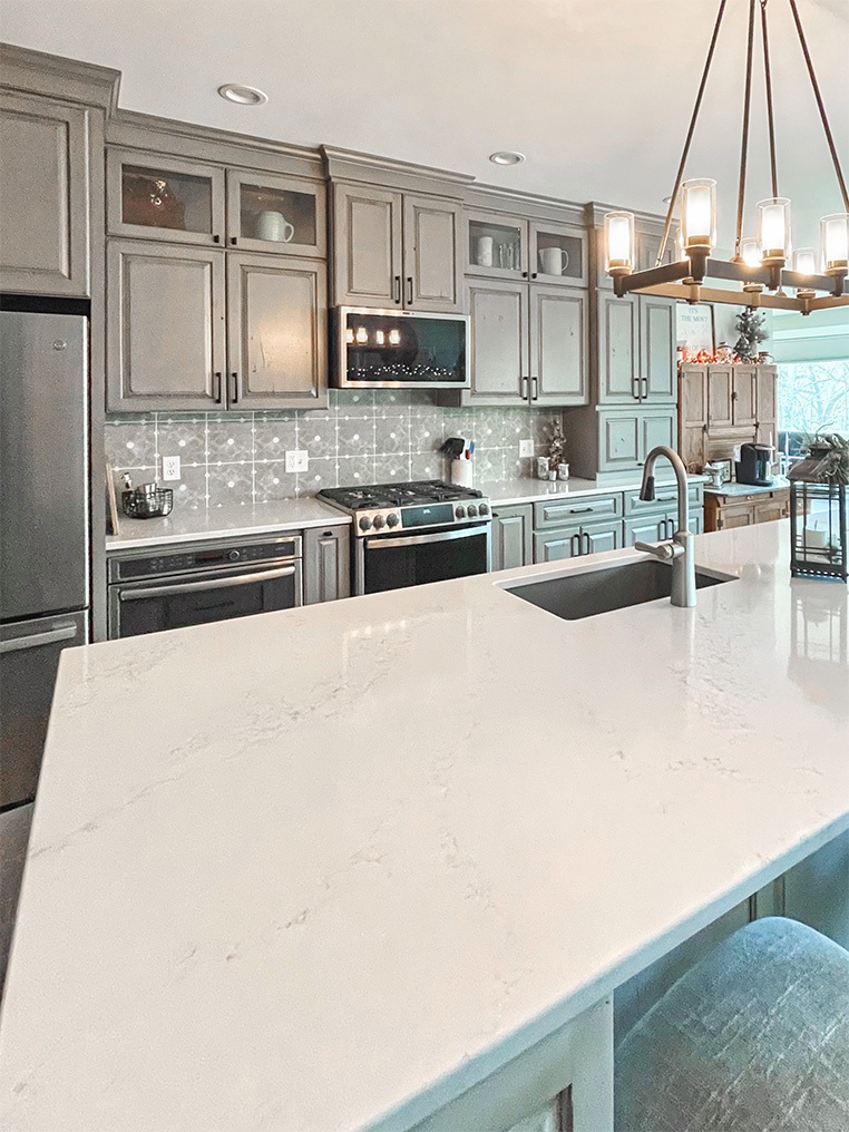Pure snow white granite countertop on a kitchen island