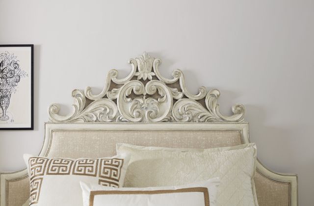 hooker headboardw ith sculpted white antiqued accent