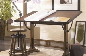 rustic wooden drafting desk and stool
