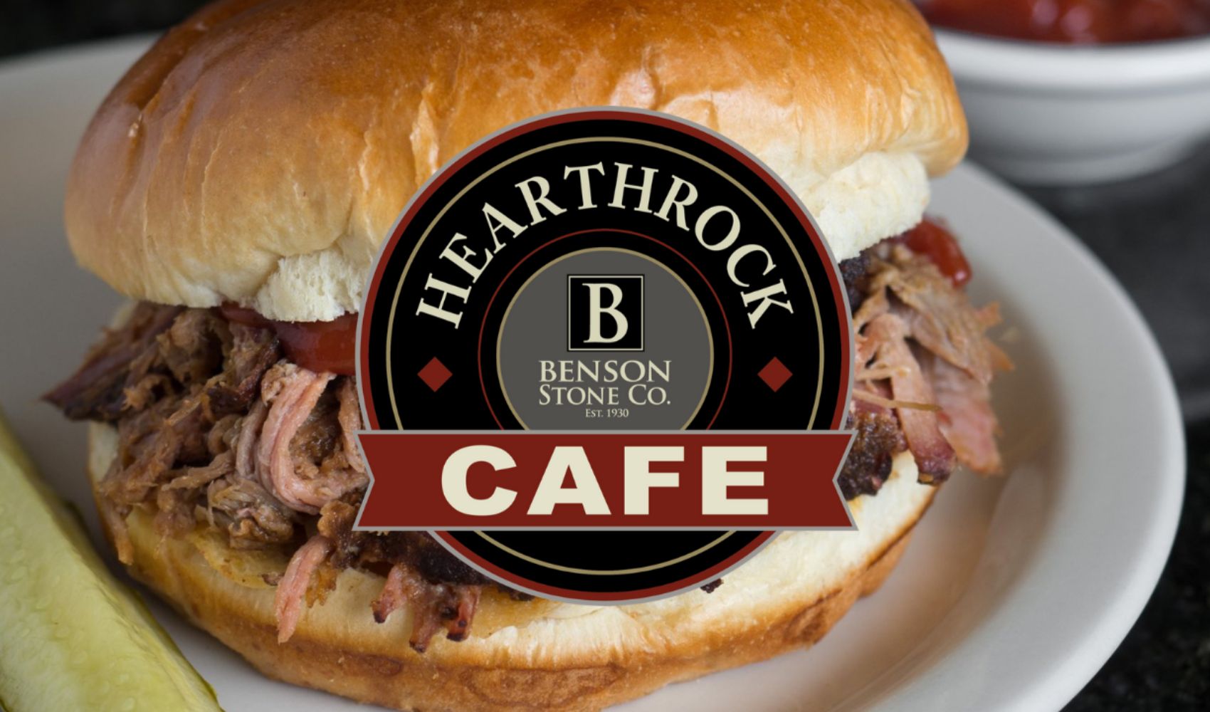 HearthRock Cafe logo with pulled pork sandwich