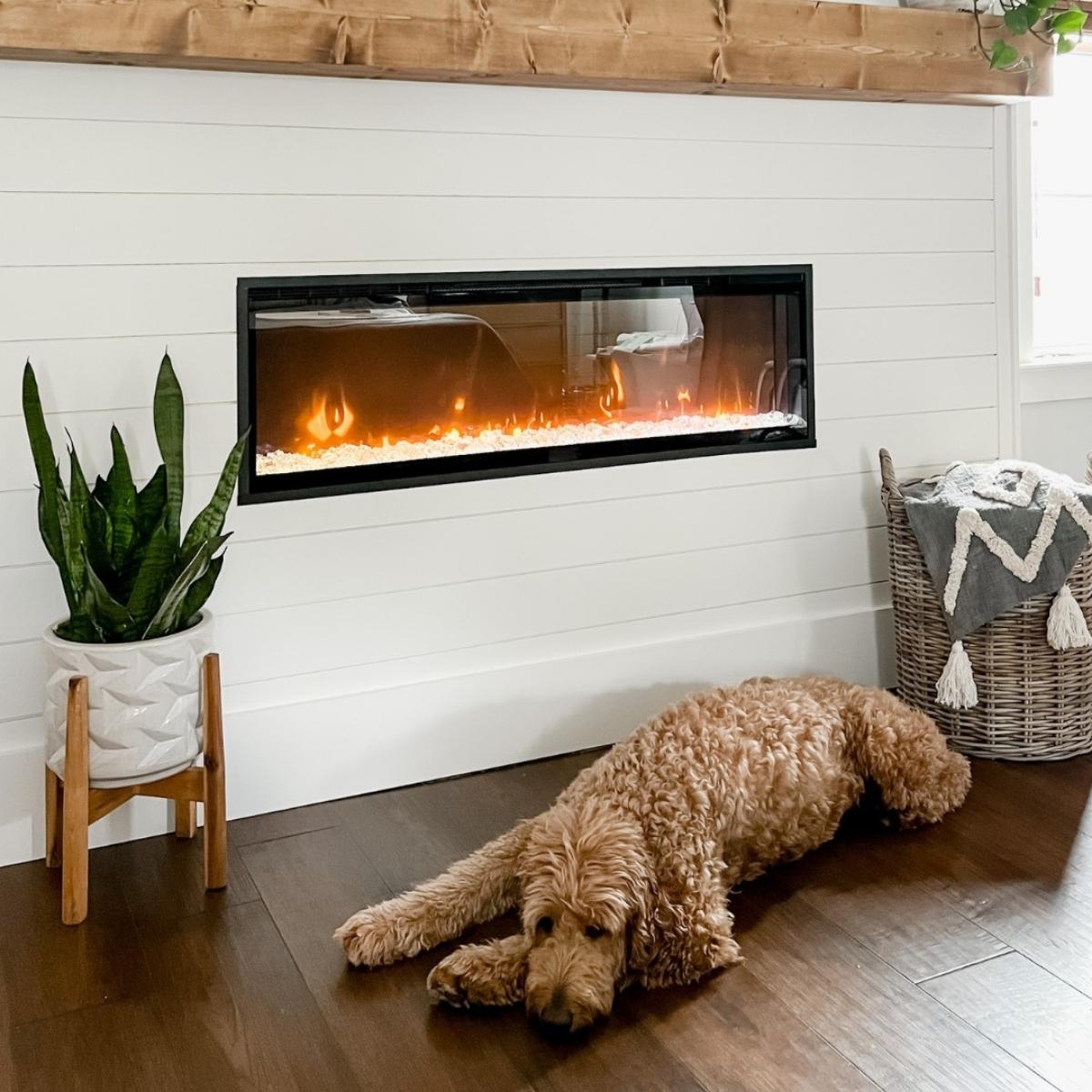 dog lying in front of electric fireplace with white surround