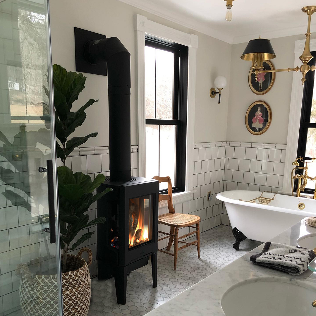 freestanding stove in a bathroom