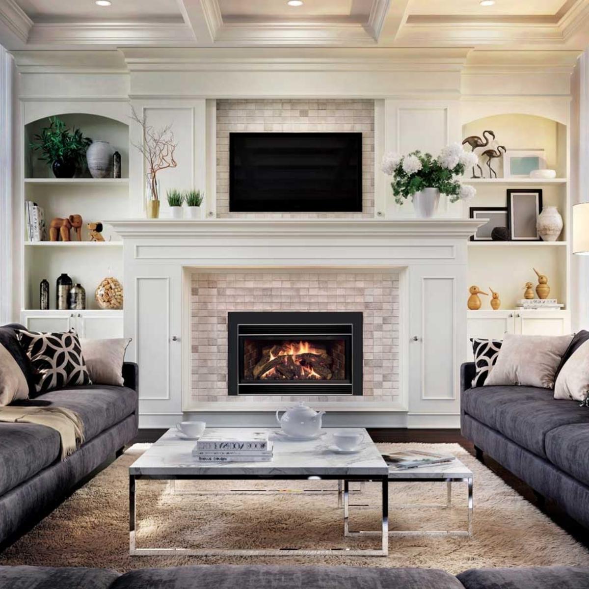 traditional home fireplace with crown molding