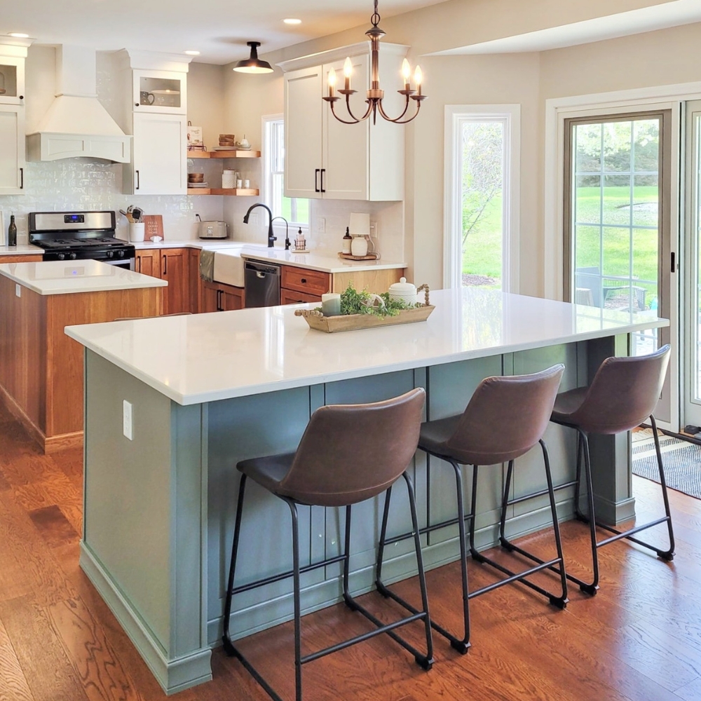 sage green kitchen island with white quartz top benson stone co