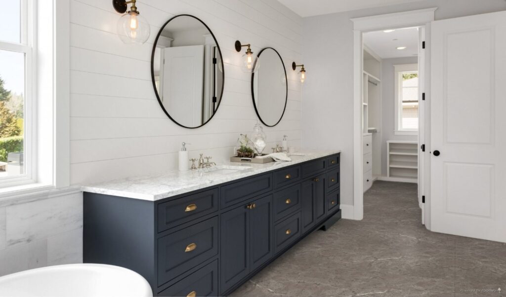 neutral tile flooring design in a farmhouse bathroom