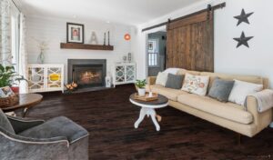 dark hardwood flooring design in a farmhouse living room