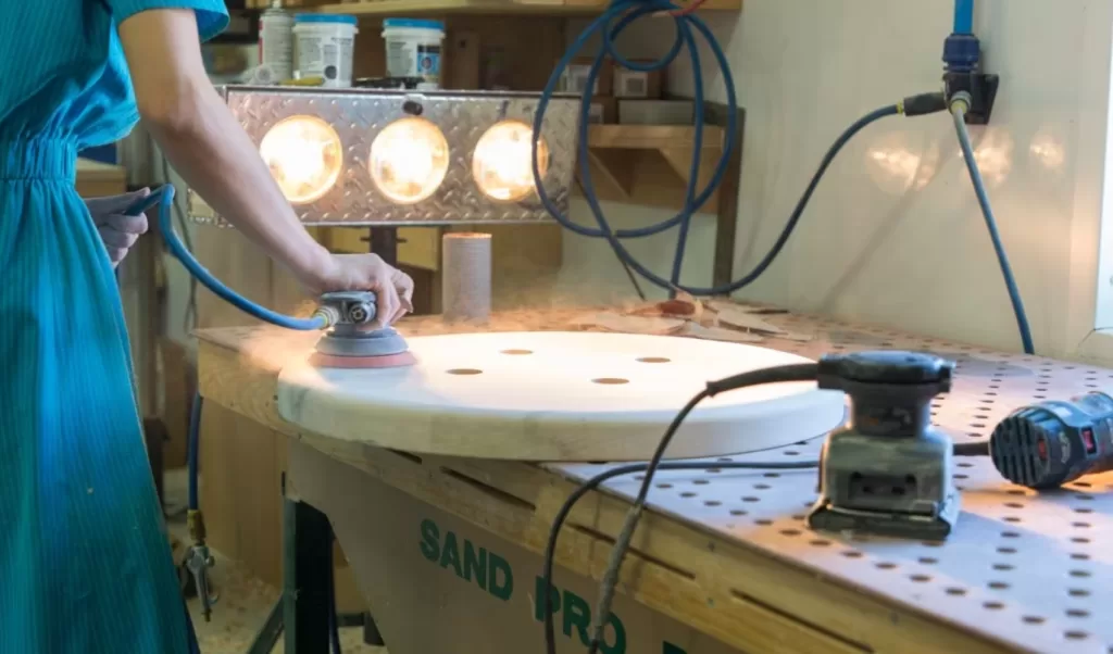 amish carpenter in her wood shop