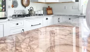 quartz stone countertop on a kitchen island