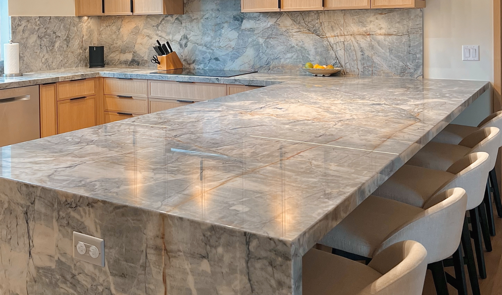 waterfall edge quartzite kitchen countertop