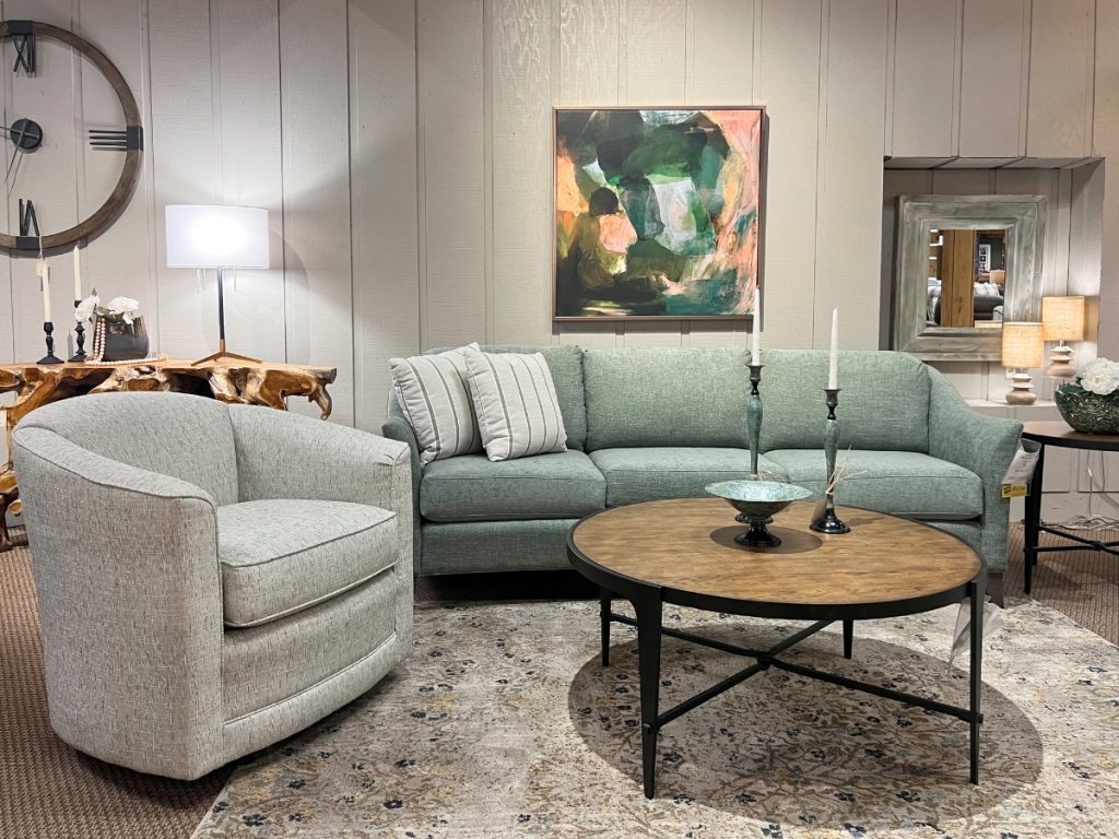 green sofa and accent chair on clearance during the summer clearance sale at benson stone co in rockford, il