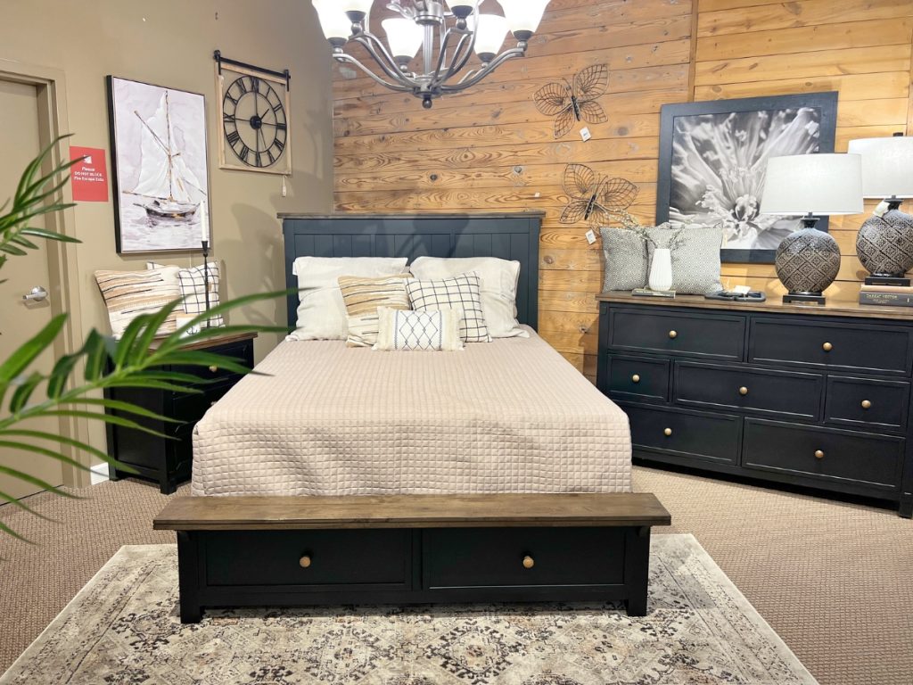 farmhouse style solid wood bedroom set on clearance during the summer clearance sale at benson stone company in rockford, il