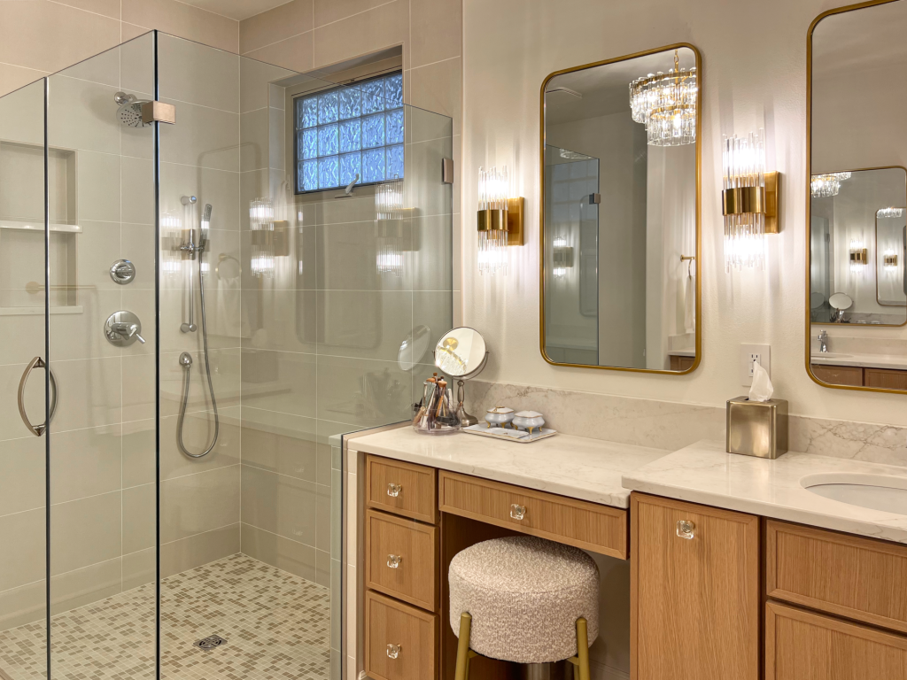 warm contemporary bathroom design by benson stone company in rockford, il