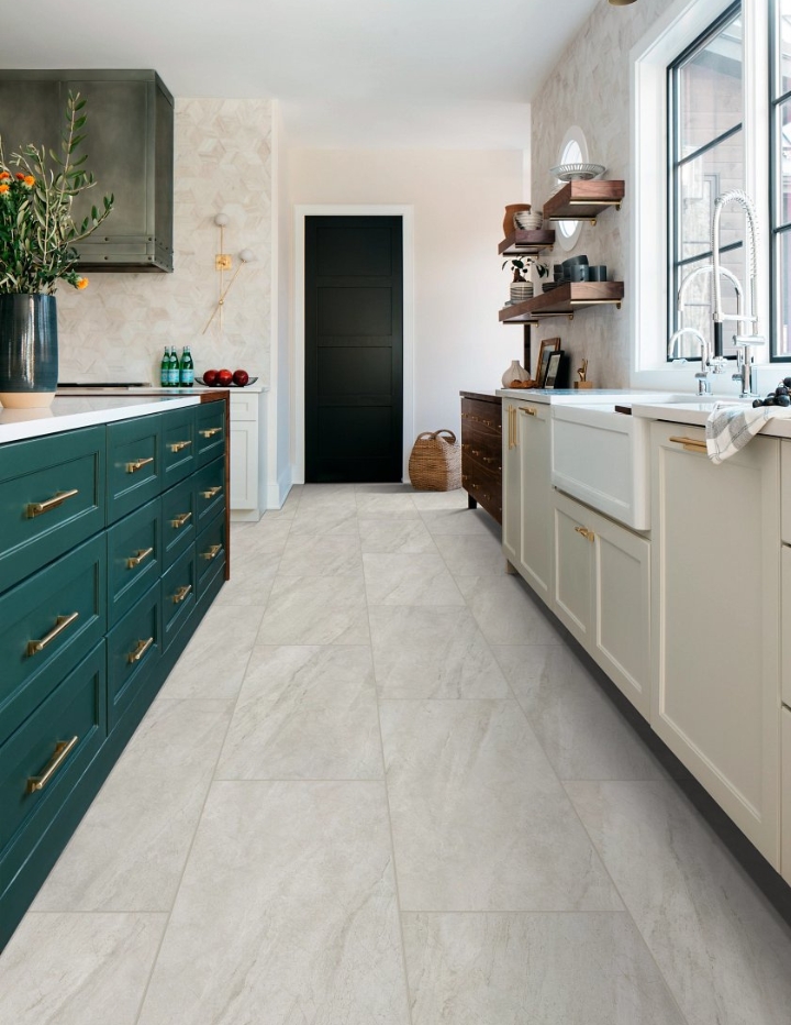 COREtec flooring opal travertine in a kitchen